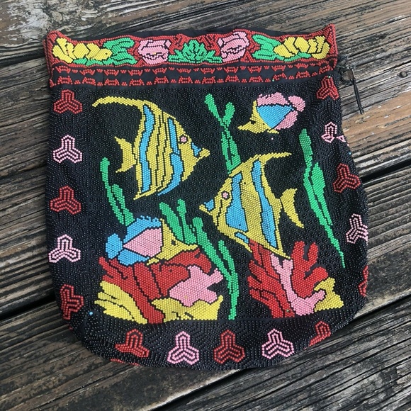 Corde Beaded Bag Drawstring Satchel Fish Ocean Black Green Yellow Vintage 80s - Picture 1 of 8